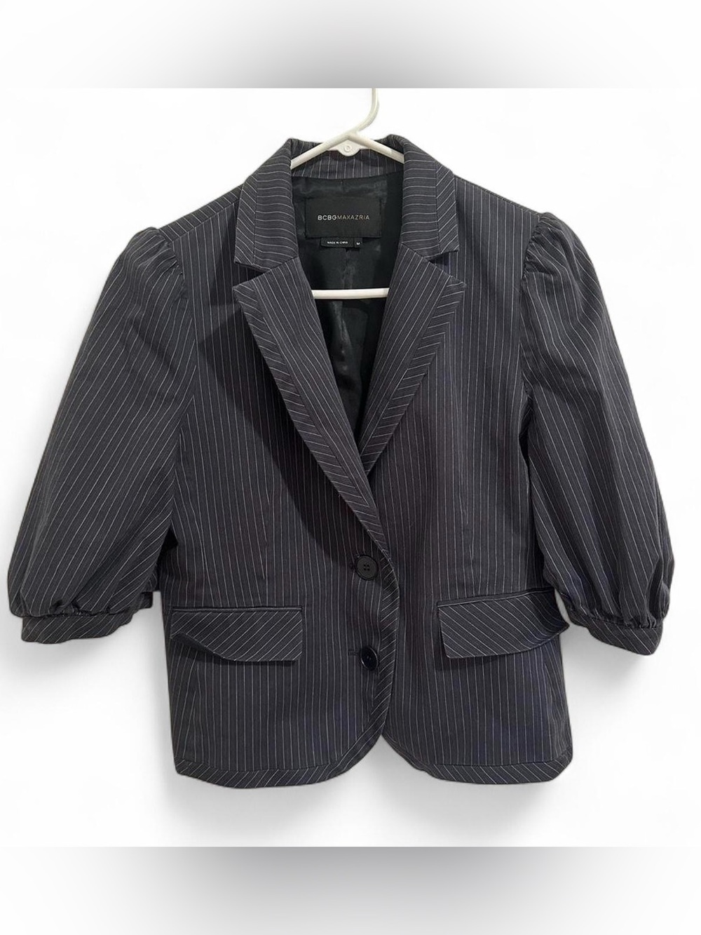 BCBGMAXAZRIA Y2K-Style Charcoal Pinstripe Puff-Sleeve Blazer - Size M